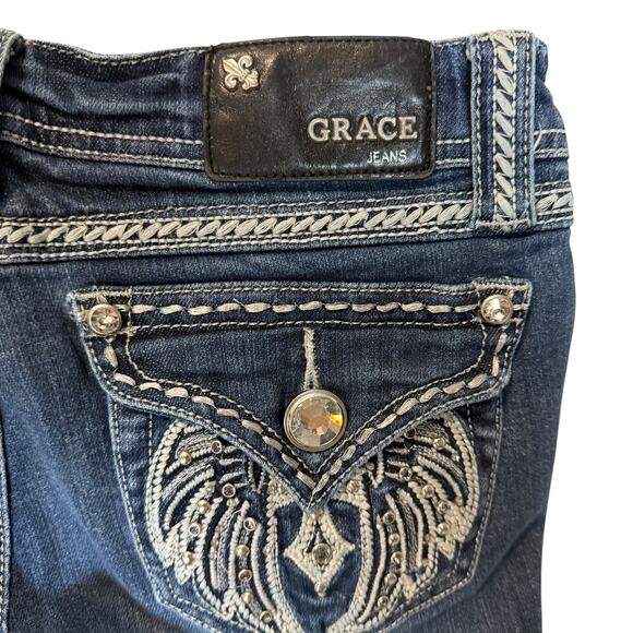 Grace In La Jeans Womens 7/27 Blue Denim Stretch Beaded 5-Pockets Boot Cut Leg - Picture 10 of 16
